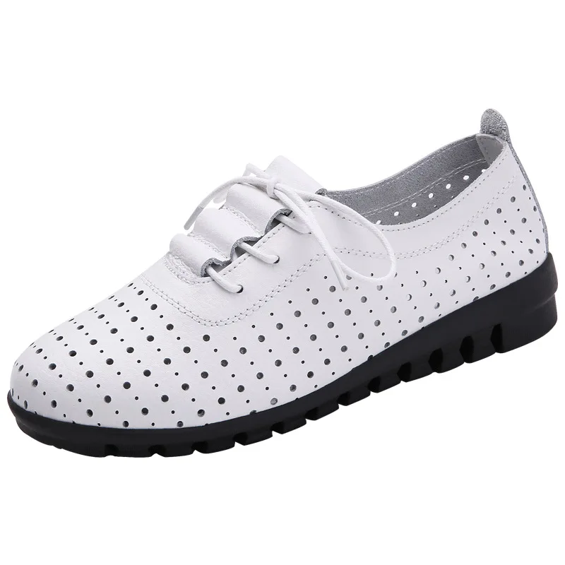 

2020 Summer Women's Outer Wear Beanie Shoes Mother Wedge Heel Shoes Rest Soft Bottom Hollow Lace Up Work Shoes White
