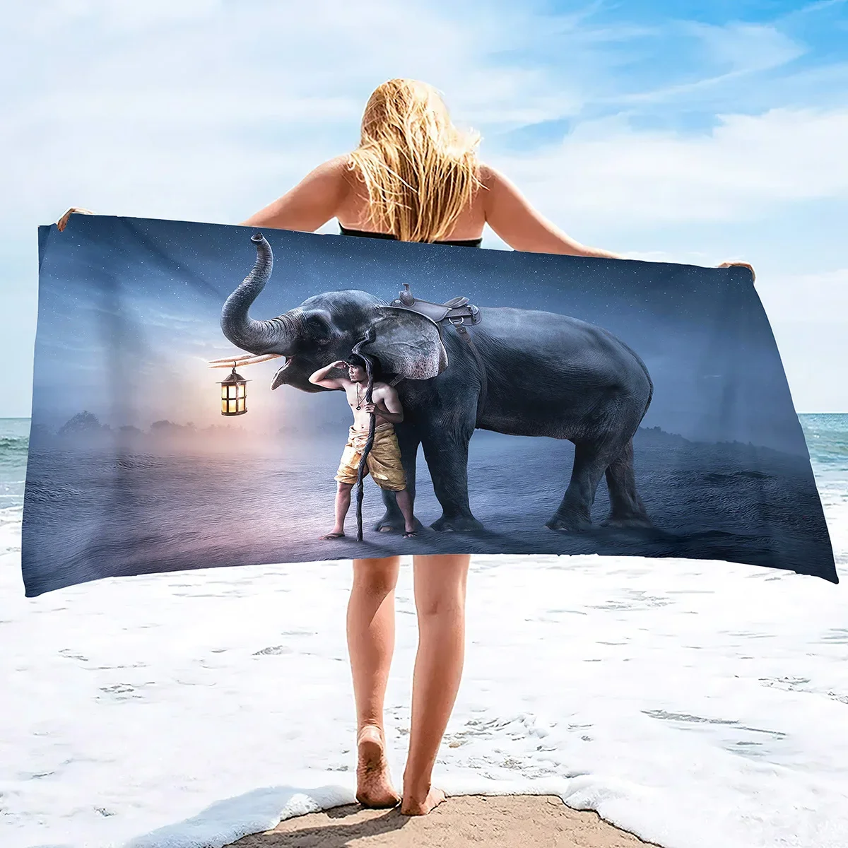 Фото Пляжное полотенце Custom Fantasy Elephant с принтом мужчины с фонарем, из микрофибры, без песка, быстросохнущее, мягкое, для путешествий и бассейна №1
