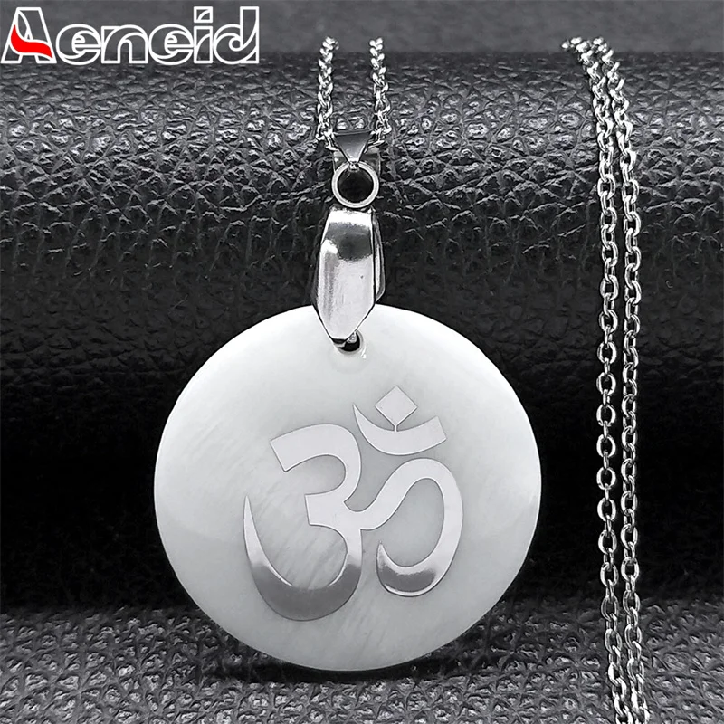 

Natural Shell AUM OM Ohm Hindu Buddhist Hinduism Necklace Stainless Steel Silver Color Yoga India Lucky Necklaces Women Jewelry