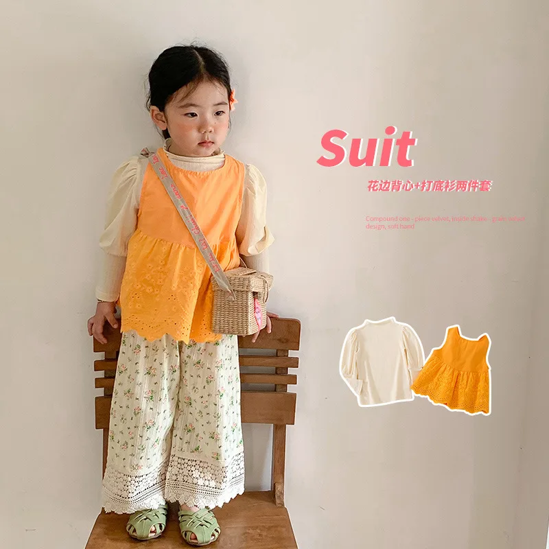 

Детская одежда в Корейском стиле для девочек Новинка Весна 2022 детская одежда кружевной жилет для маленьких девочек рубашка с длинным рукав...