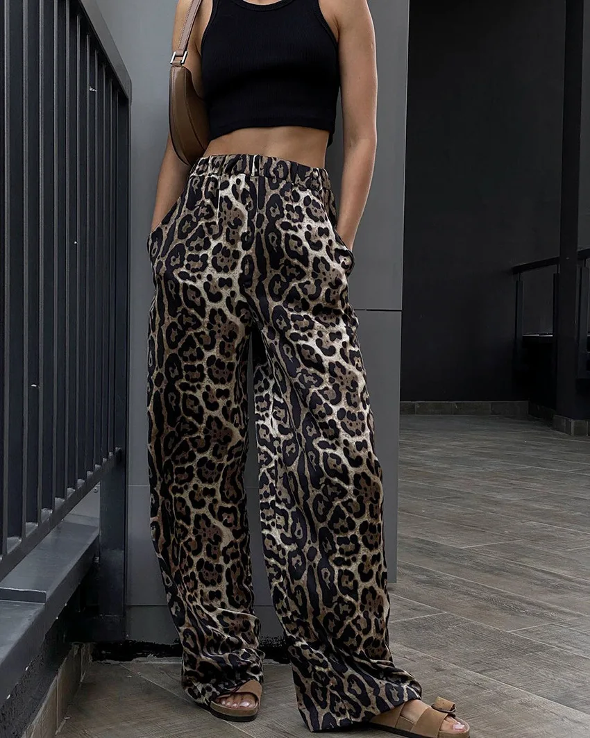 

Брюки женские с широкими штанинами, с леопардовым принтом и высокой эластичной талией, повседневные брюки до щиколотки, новая модель 2023