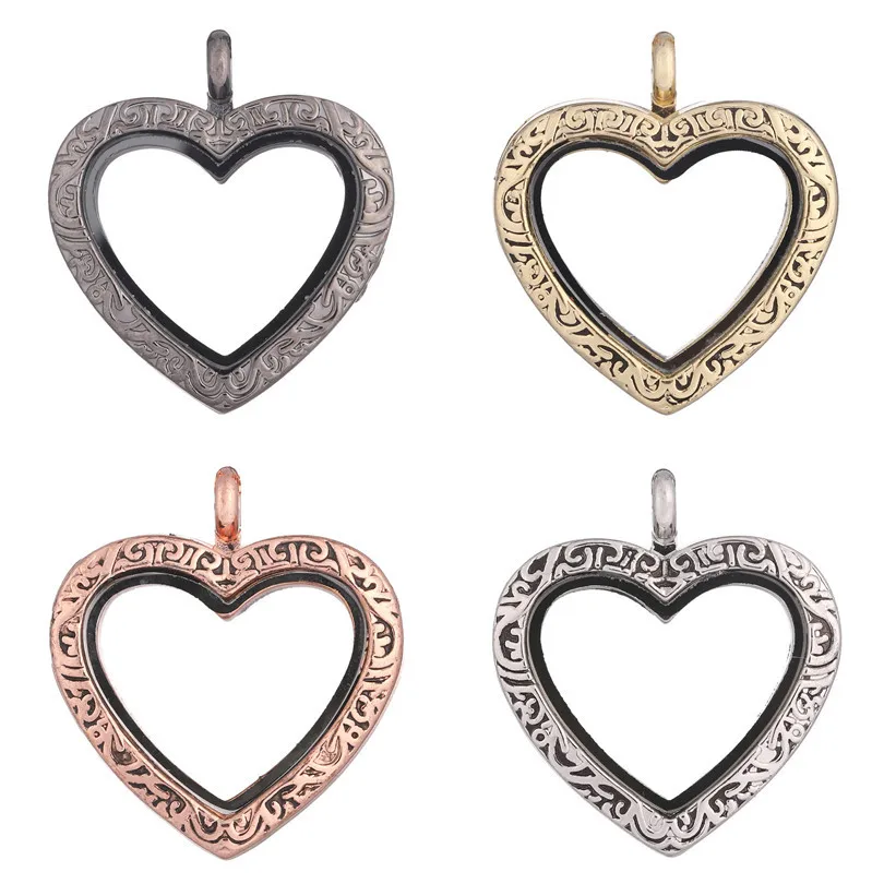 10PCS Ancient Silver Old Textures Heart Floating Locket Alloy Pendant Charms Jewelry Making Necklace Keychain For Women Men