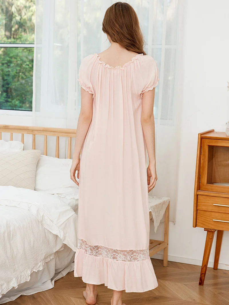 Women Cotton Night Dress White Ruffles Lace-up Short Sleeve Slash Neck Loose Vintage Princess Victorian Lolita Fairy Sleepwear