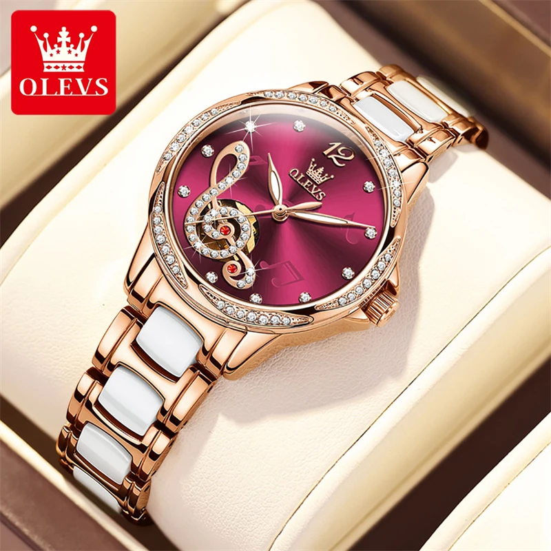 OLEVS Luxury Ceramic Mechanical Watch Women Fashion Wine Red Dial Automatic Skeleton Watches Waterproof Elegant Women Wristwatch