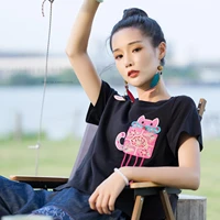 2022 chinese traditional retro blouse women cat embroidery qipao tops oriental national shirts loose top office lady casual wear