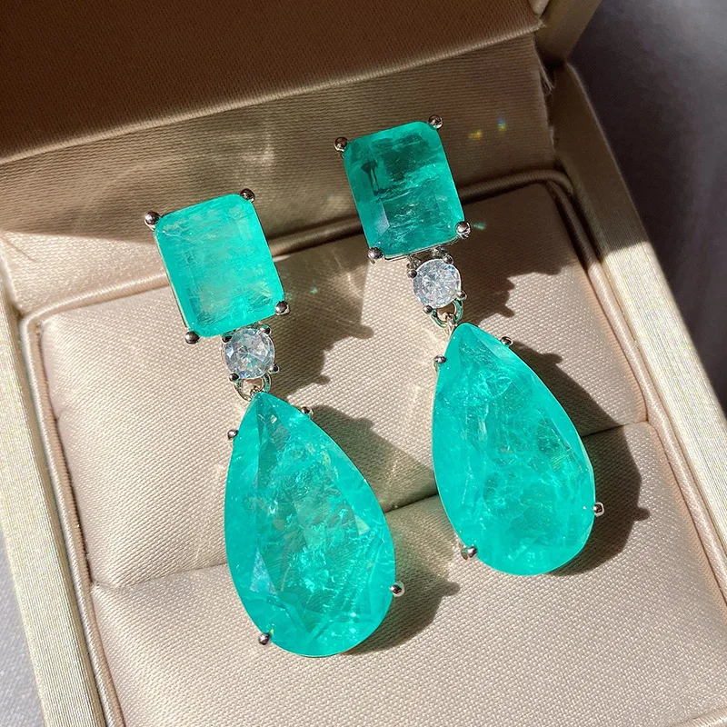 

New Trendy Pear-Shaped Imitation Paraiba Earrings Emerald Big Water Drop European and American High-Key Eardrop Women