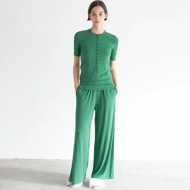 

Pajiama Sets 2023 New Spring Solid Pajamas Women Slim Round Neck Button Short Sleeve Shirt Wide Leg Long Pant Nightwear