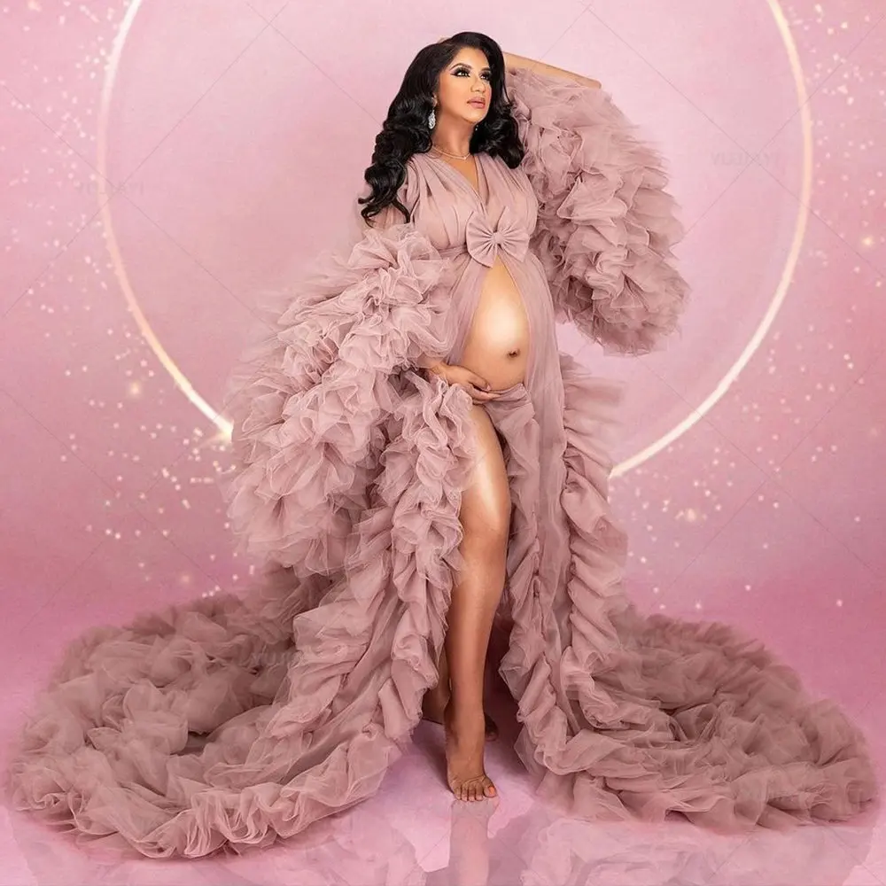 Розовые платья для беременных с длинными пышными рукавами фотосессии разрезом