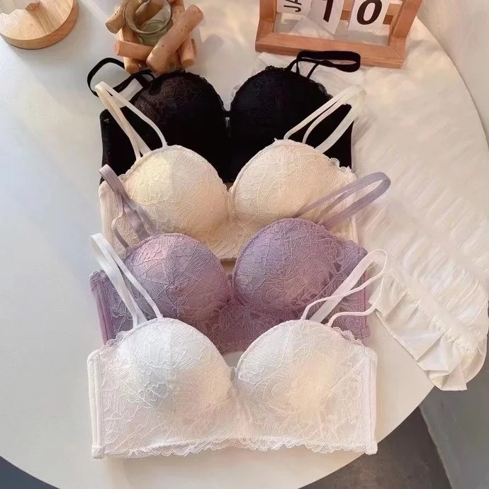 

Romantic celebrity a hair substitute pure desire lace underwear without steel ring adjustment palm cup flat bra set thick