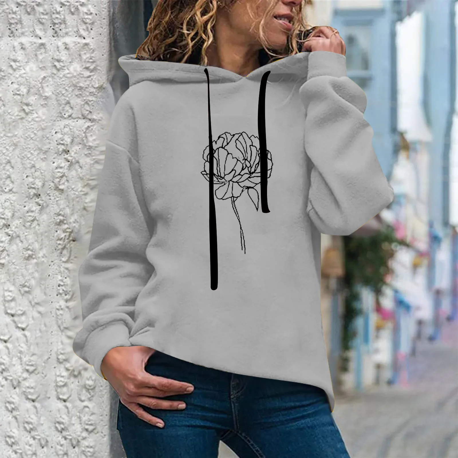 

Ladies Winter Hoodies Long Sleeves Hooded Sweatshirt Korean Oversize Drawstring Cute Print Sweater Top Folral Pullover Coat