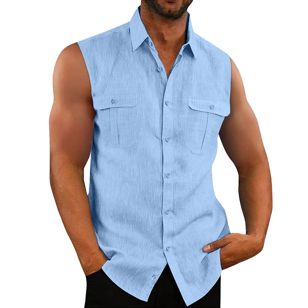 Leisure Men's Cotton Linen Tank Tops Spring Summer Casual Solid Color Buttoned Lapel Sleeveless Vest Shirt Fashion Camisole