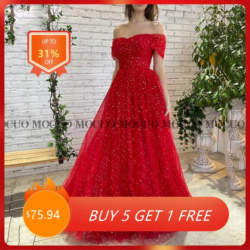 

Red Starry Sparkly Off the Shoulder Tulle Prom Dresses Floor-Length Formal Party Long A-Line Evening Gown robes de soirée