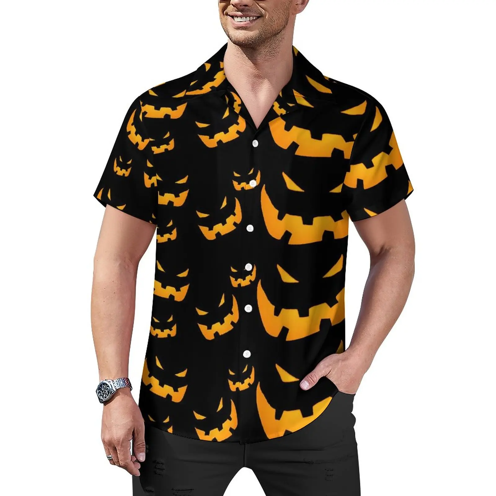 Grinning Pumpkin Beach Shirt Halloween Print Hawaiian Casual Shirts Men Retro Blouses Short-Sleeved Design Clothes Plus Size 4XL