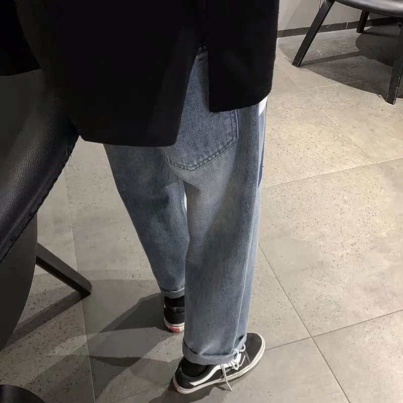 DEEPTOWN Patchwork Straight Jeans Men Vintage Loose Casual Denim Pants Retro Fashion Trousers Male Streetwear Korean Spring