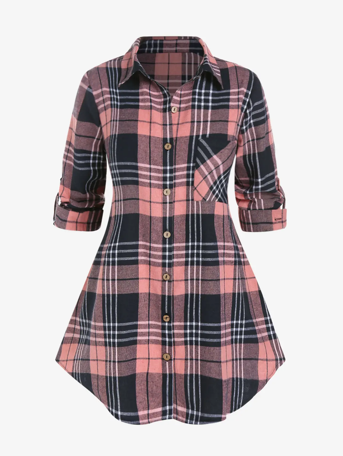 

ROSEGAL New Plaid Roll Tab Sleeves Shirt With Pocket Women Colorblock Tunic Top 4XL Female Spring,Fall,Winter Casual Tee Blouses