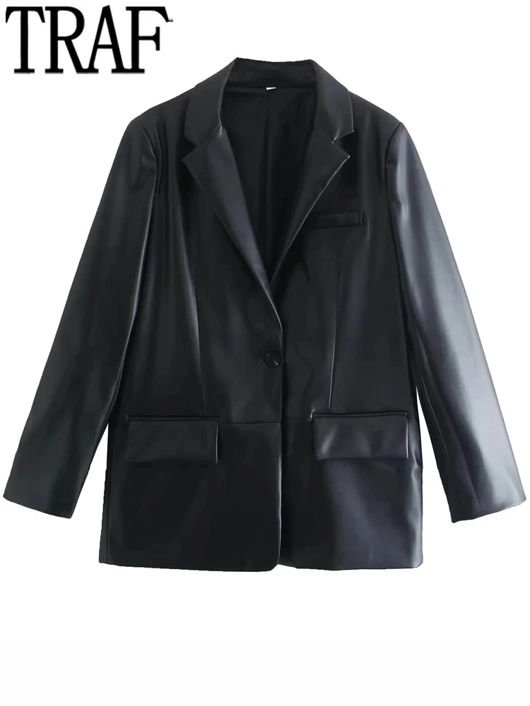 

TRAF Black Faux Leather Blazer Women Office Casual Blazer Woman Autumn Long Sleeve Female Jacket Masculine Women's Blazer Set