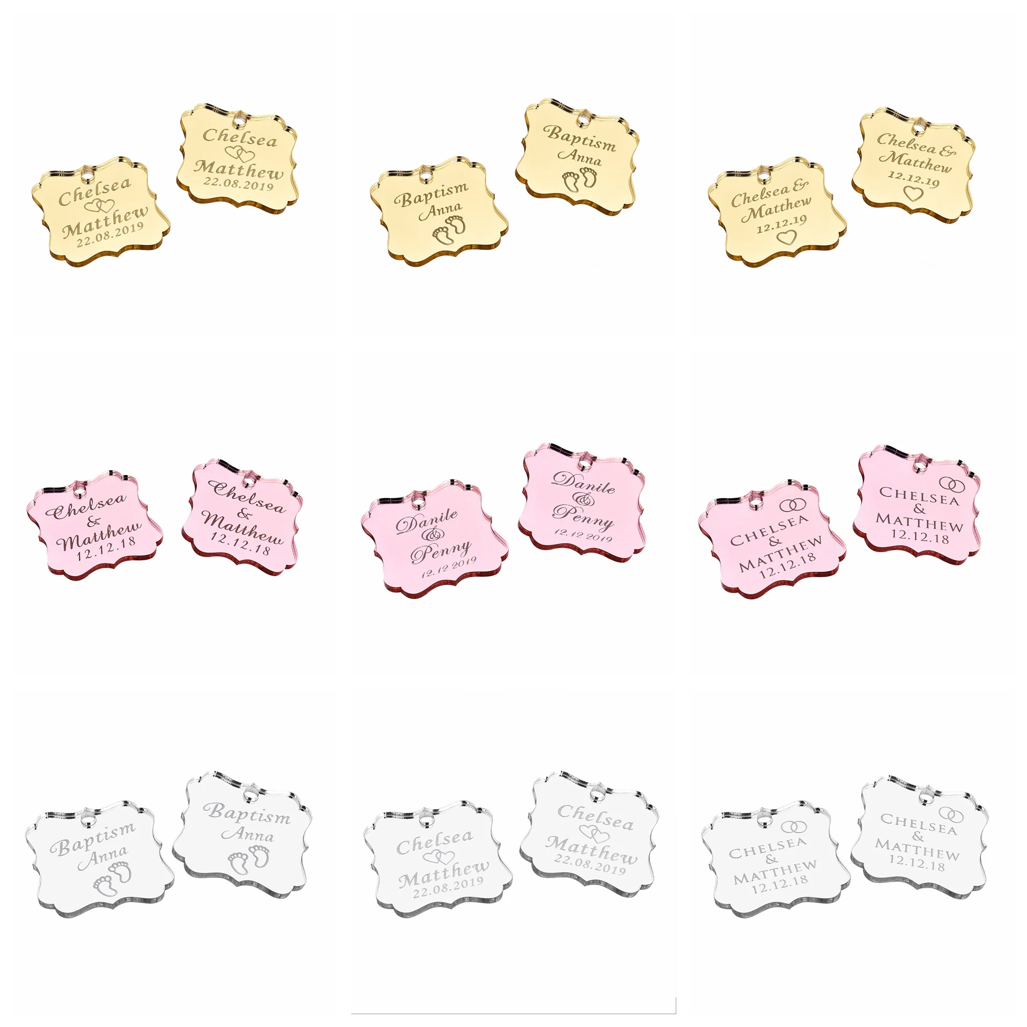 

20/50/100Pcs Personalized Tag Engraved Mirror Acrylic Square Wedding Hole Party Name Baby Baptism Decoration Custome Gift