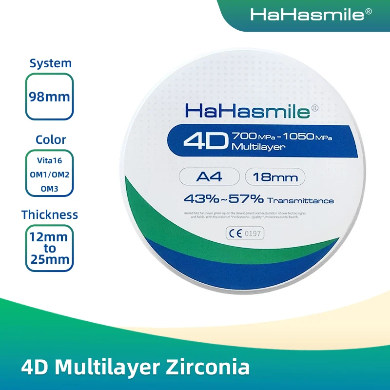 

Hahasmile 4D-Multilayer Blocks Dental Lab 98-A4 Fixed Zirconia Teeth Restoration Material Sintering Temperature 1480℃-1550℃