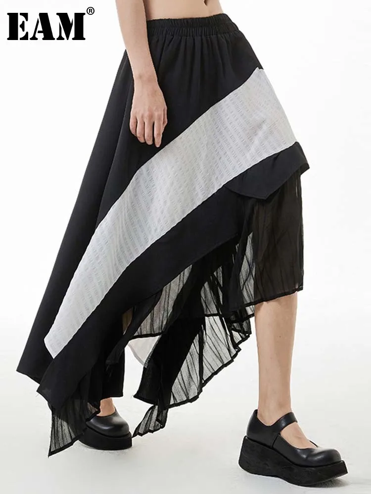 

[EAM] High Elastic Waist Black Striped Irreuglar Mesh Casual Half-body Skirt Women Fashion Tide New Spring Autumn 2022 1DE9180