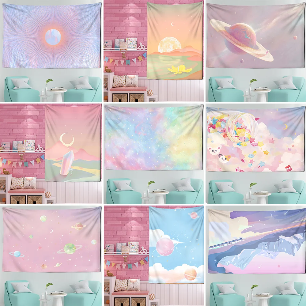 

Pink Moon Starry Tapestry Universe Wall Hanging Room Dorm Tapestries Art Home Psychedelic Kawaii Room Decor tapestry aesthetic