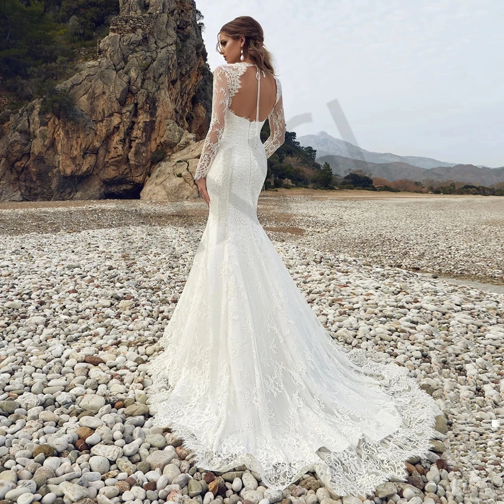 Простое кружевное свадебное платье классическое невесты с вырезом V-образным и