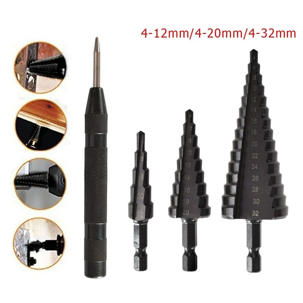 

4pcs Drill Bit Set 4-12/20/32mm Hex Shank HSS Nitrogen Step For Perforated Metal Iron Aluminum Brass Wood Power Tools Accessory