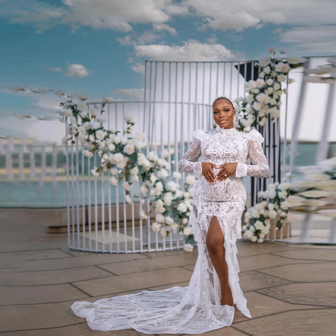 

White Lace Bridal Maternity Dresses Hi Neck Long Sleeve African Bride Dress For Pregnancy Women Sheer Lace Slit Aso Ebi Dress