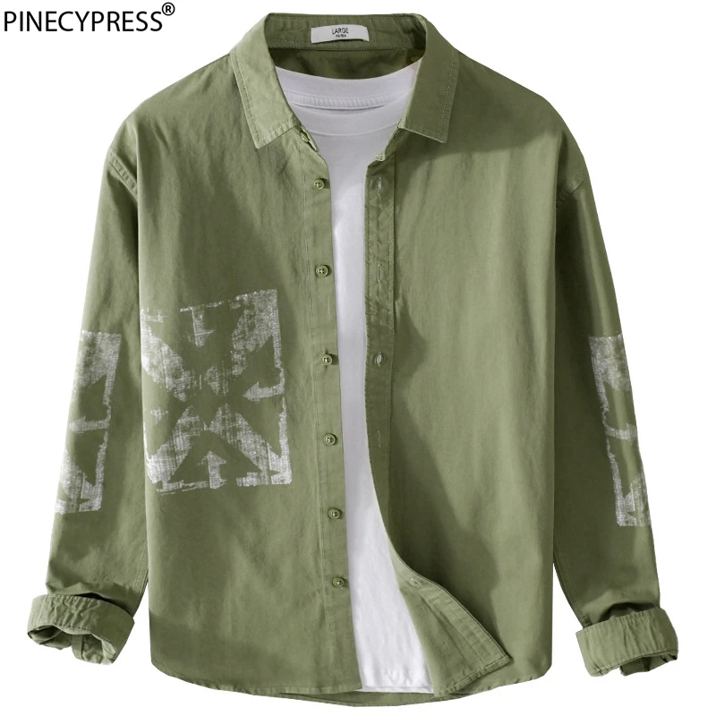 

100% Cotton Autumn Spring Shirts for Men Single Breasted Turn Down Collar Long Sleeve Green Fashion Printed Man Casual Shirt