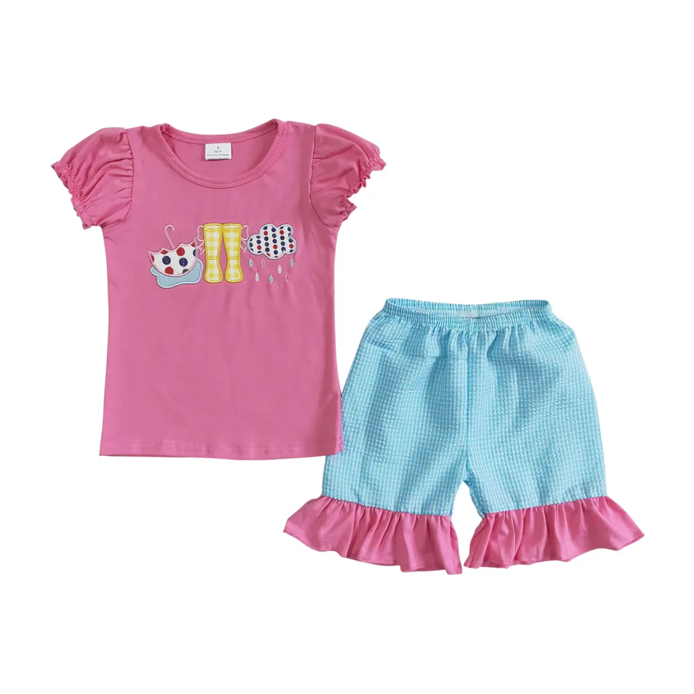 

2022 детская одежда розовые с оборками рукава Вышивка зонтик сапоги одежда для маленьких девочек небесно-голубые шорты наборы Детская одежда