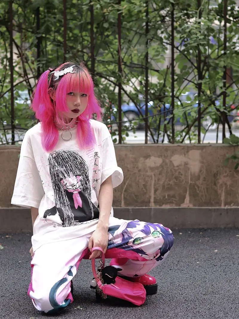 

Футболки женские с круглым вырезом, свободные хлопковые рубашки в стиле Харадзюку, в японском стиле, топы с полурукавами и аниме принтом, лето