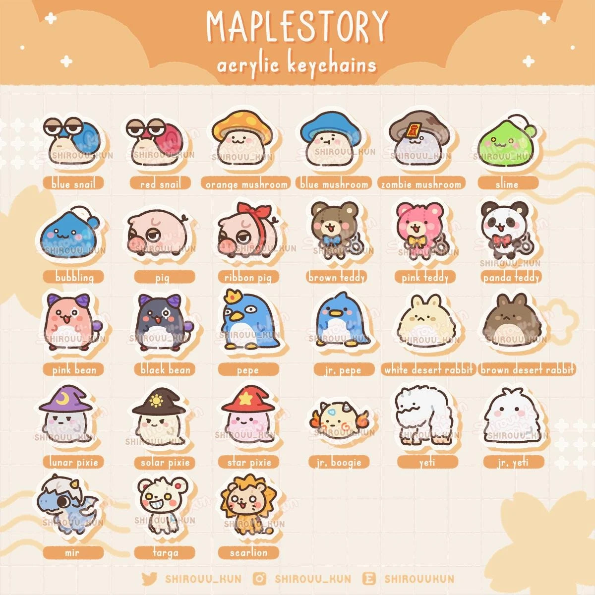 Фото Брелок Maplestory из акрила: Мано, Гриб, Слайм, Йети, Джуниор, Неки, Розовый Тедди, Коричневый Тедди, Лента, Свинка, Король Пепе – в подарок для фанатов игры №2