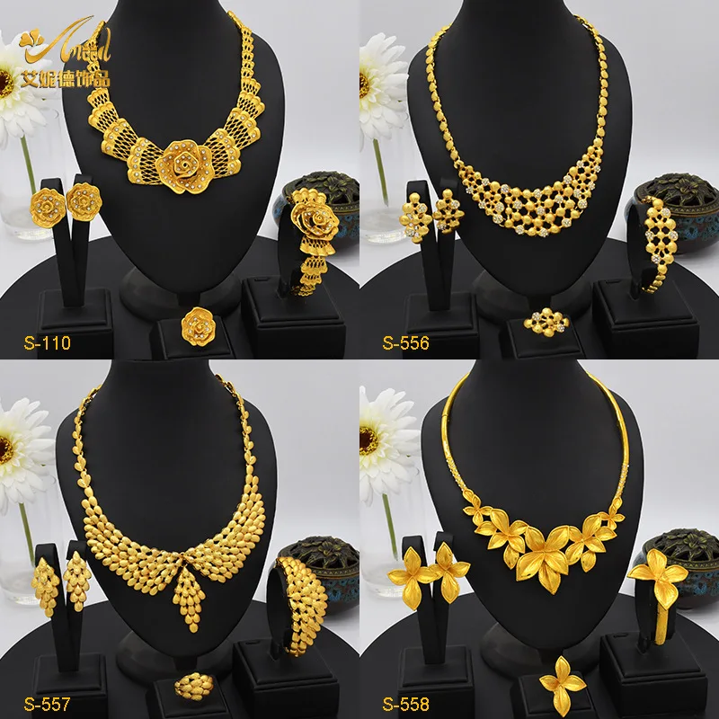 

Fashion Dubai Gold Color Jewelry Sets For Women African India Party Wedding Tassels Necklace Bracelet Earrings Ring Set Gifts