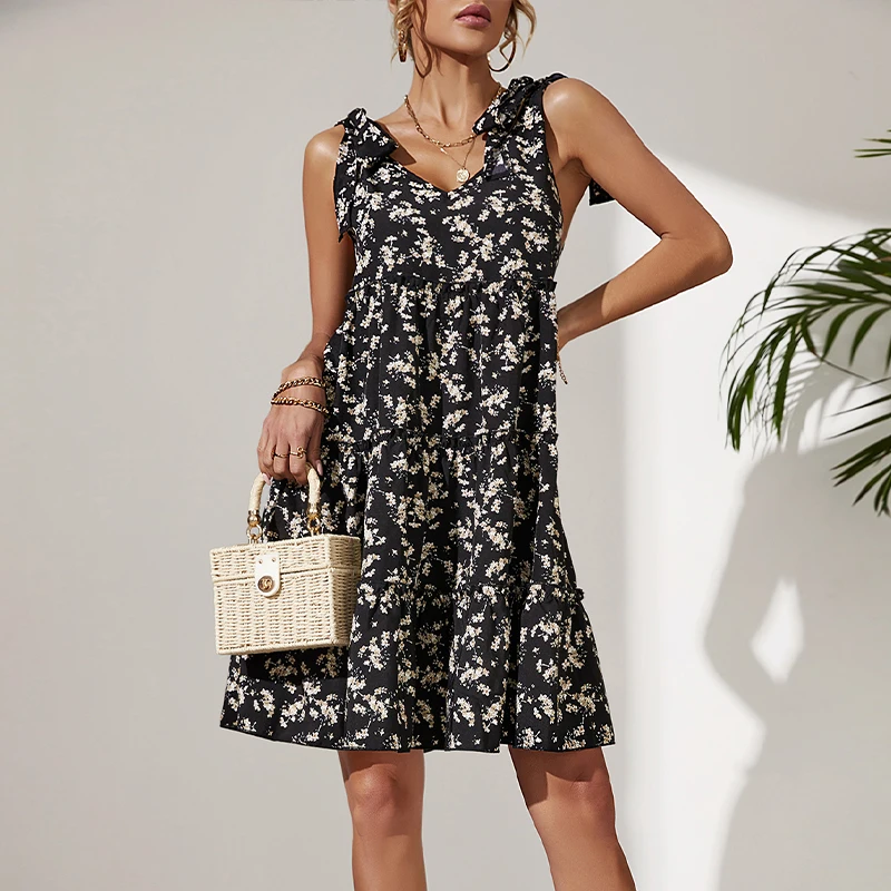 

High Quality Low Price Wholesale Clothing Summer Casual Dresses Black Sleeveless Floral Woman Fashion Short Dress