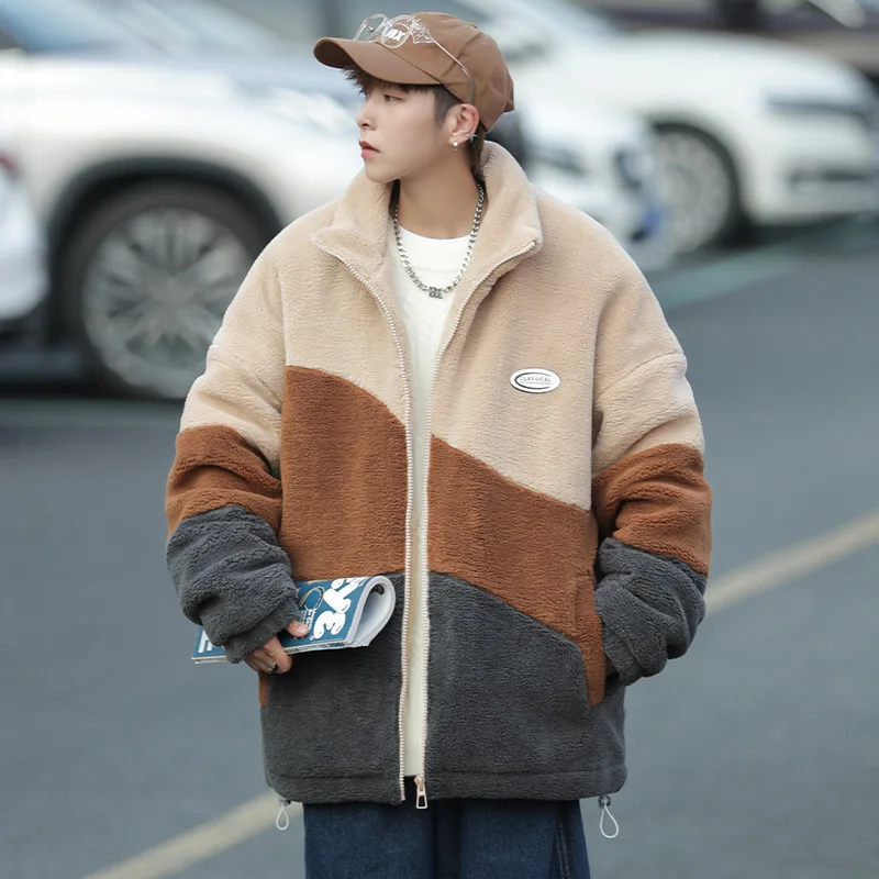 Cotton-padded Men's Autumn and Winter Contrast Color Thick Lamb Wool Coat Loose Warm Windproof Stand-up Collar Cotton-padded Men