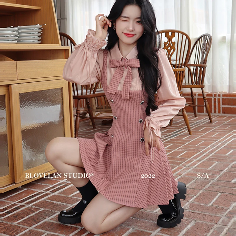 

Элегантное женское платье Kawaii с длинным рукавом милое офисное женское повседневное винтажное лоскутное цельное розовое Новое корейское мо...