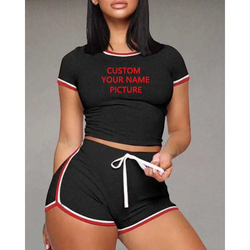 

Custom Logo Summer Women Tracksuit Short T Shirt + Sexy Shorts 2 Piece Set Fashion Pink Sportwear Outfits For Woman Clothing