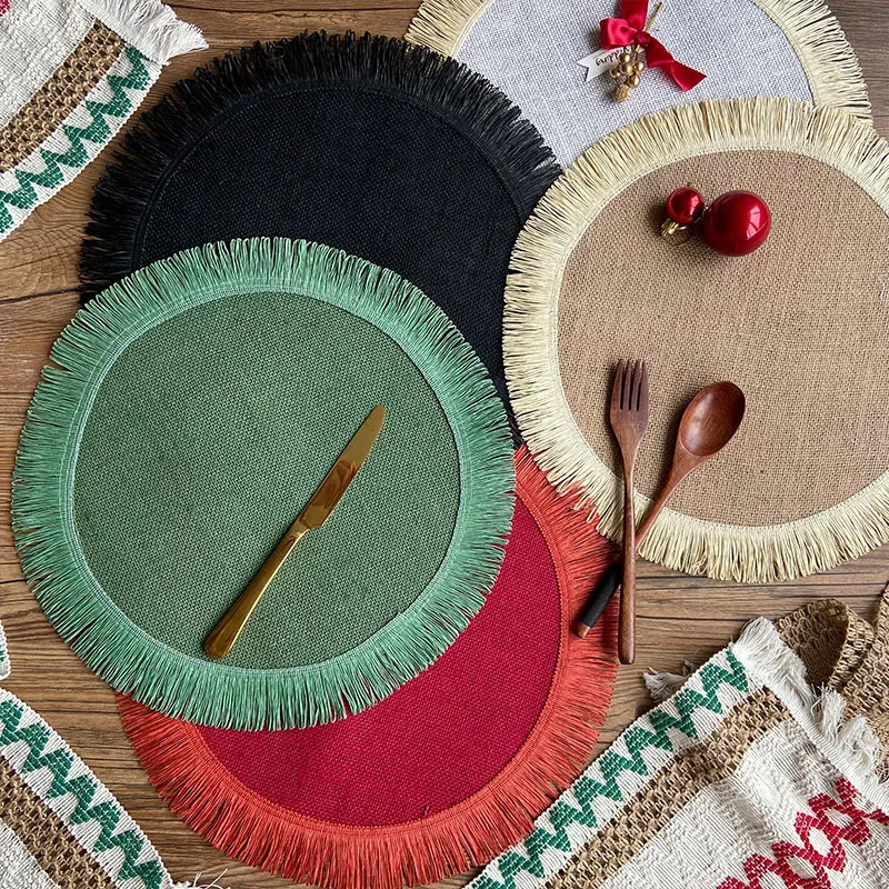 

Round Nordic Style Tassel Jute Meal Mat Thermal Insulation Mat Resistant Bowl Cup Coasters Set Porch Table Mats For Dining Table