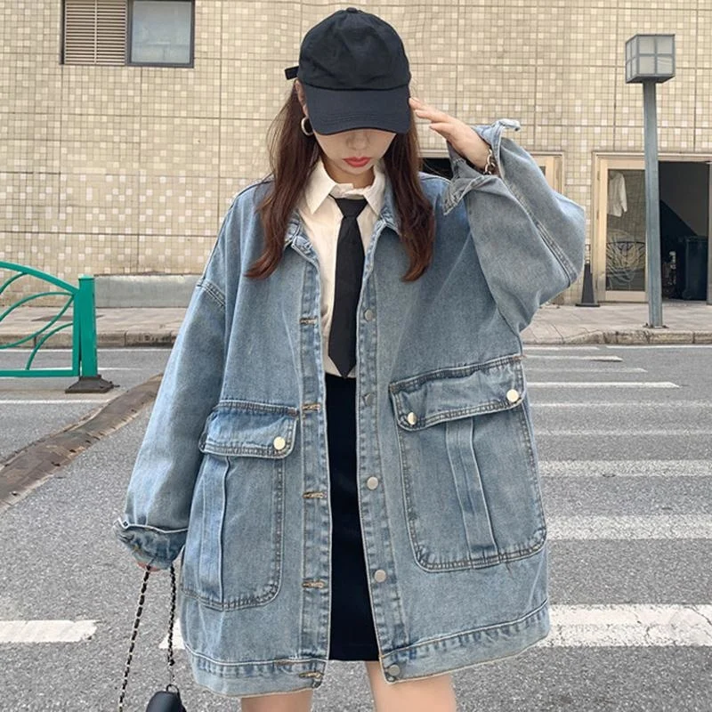 

Women's Jackets Plus Size Jean Jacket Women Spring Autumn Fashion Lapel Long Sleeve Korean Denim Woman Vintage Loose Big Pocket