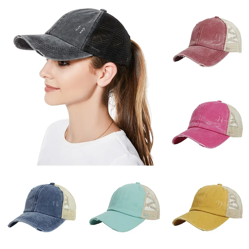 

Adjustable Women Ponytail Baseball Cap Snapback Ponytail Gorras Casquette Summer Sunhat Mesh Trucker Hat High Messy Bun Hat