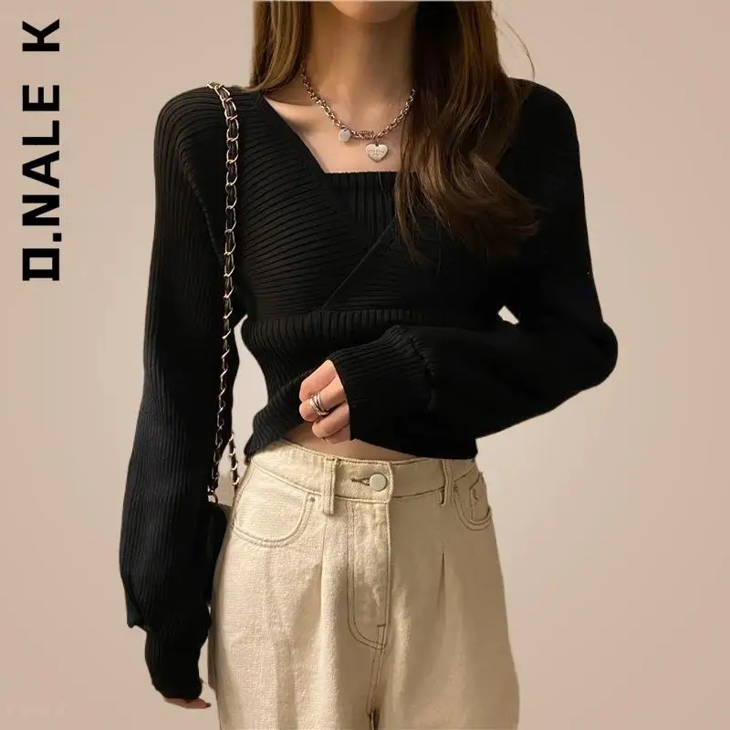 

D.Nale K Slim Commute Top Woman Fashion Ladies Blouse Pullover Office Long Sleeved Knit Sweater Warm Casual Soft Tops Jumper