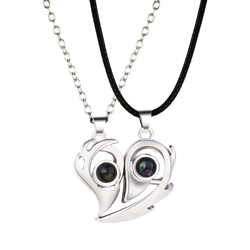 

2pcs 100 Language Magnetic Stitching Heart Pendant Necklaces For Men And Women Clavicle Chain Valentine's Day Gifts For Friends