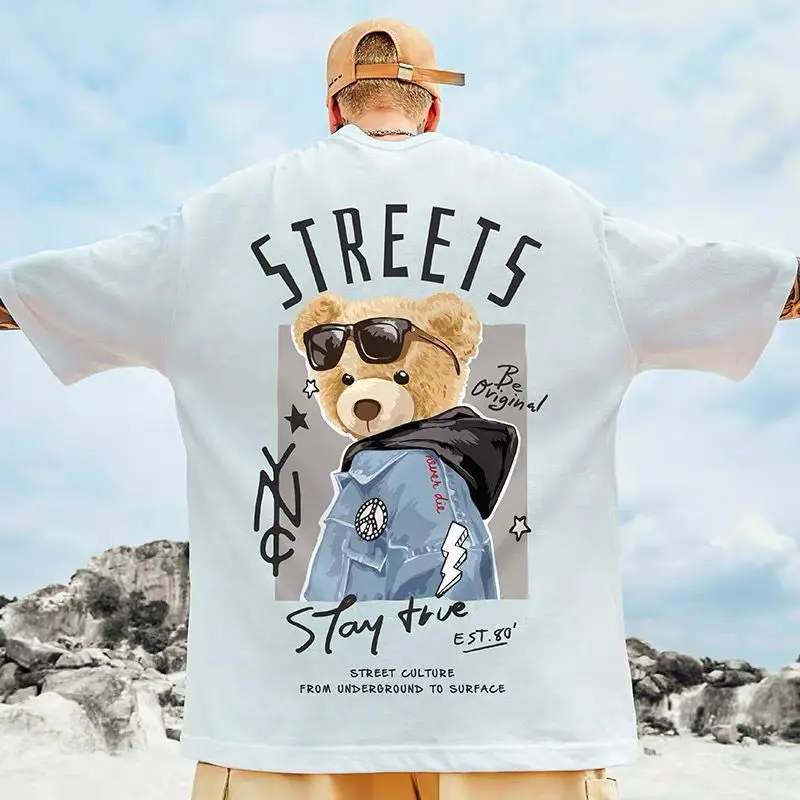 

European Street Hip-hop Short-sleeved T-shirt Men's Summer Casual Tide Brand Cartoon Bear Print Oversized T-shirt Couple Wear