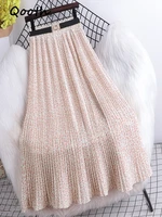 qooth spring summer high waist chiffon floral printed skirts women casual elegant pleated skirt qt1680