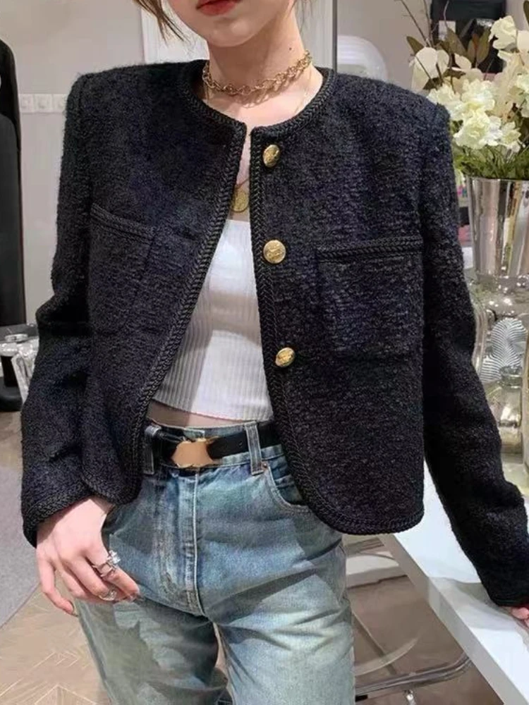 

New High Quality Women Fashion Black Jackets Tweed Two Pockets Golden Buttons Elegant Coats Spring Autumn Female Clothes
