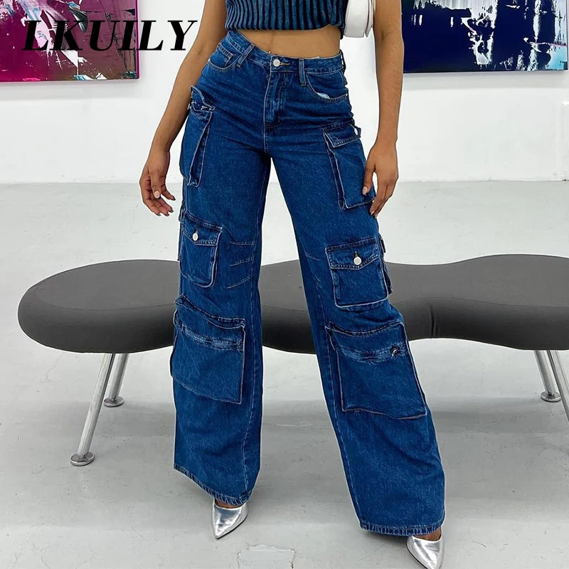 

Vintage Aesthetics cargo Jeans Women Y2K Streetwear zipper Pockets Casual Straight Pants Fashion Wide Leg Trousers Overalls 2022