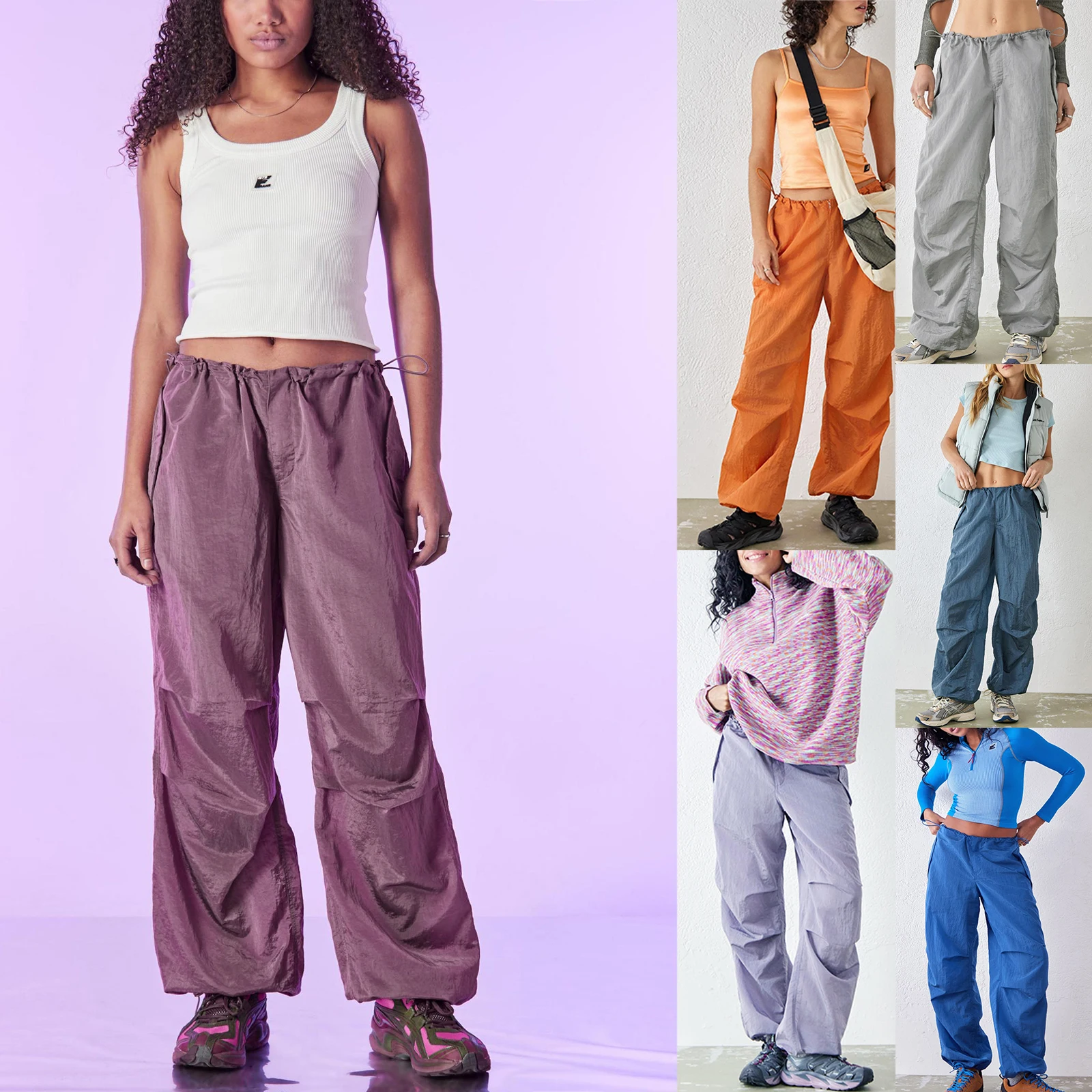 Y2K Women's Fashion Baggy Cargo Pants Drawstring Low Waist Solid Color Wide Leg Track Pants with Pockets Streetwear