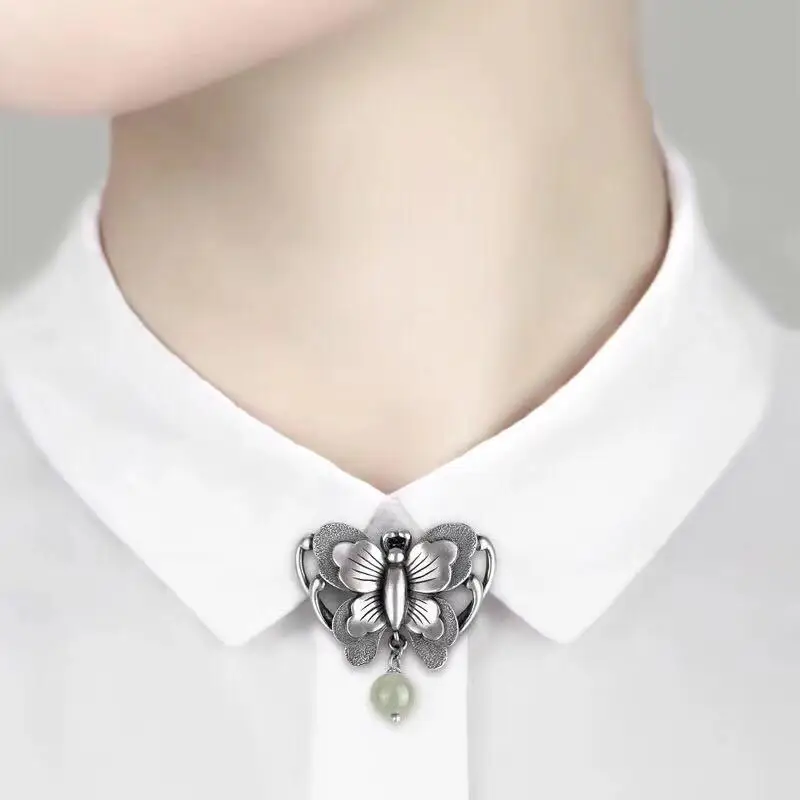 

Дизайнерская оригинальная маленькая брошь с подвеской в виде бабочки из яшмы, модное серебряное ювелирное изделие в китайском стиле для му...