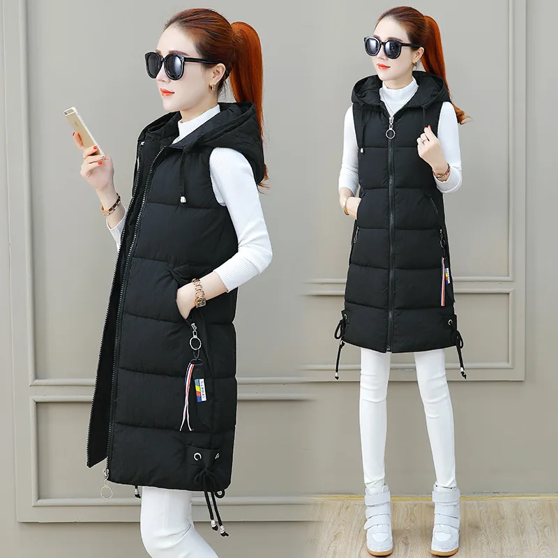 

2022 New Women's Vest Jacket Cotton Vest Autumn Winter Jacket Hooded Long Coat Sleeveless Slim Female Waistcoat Gilet Veste E405