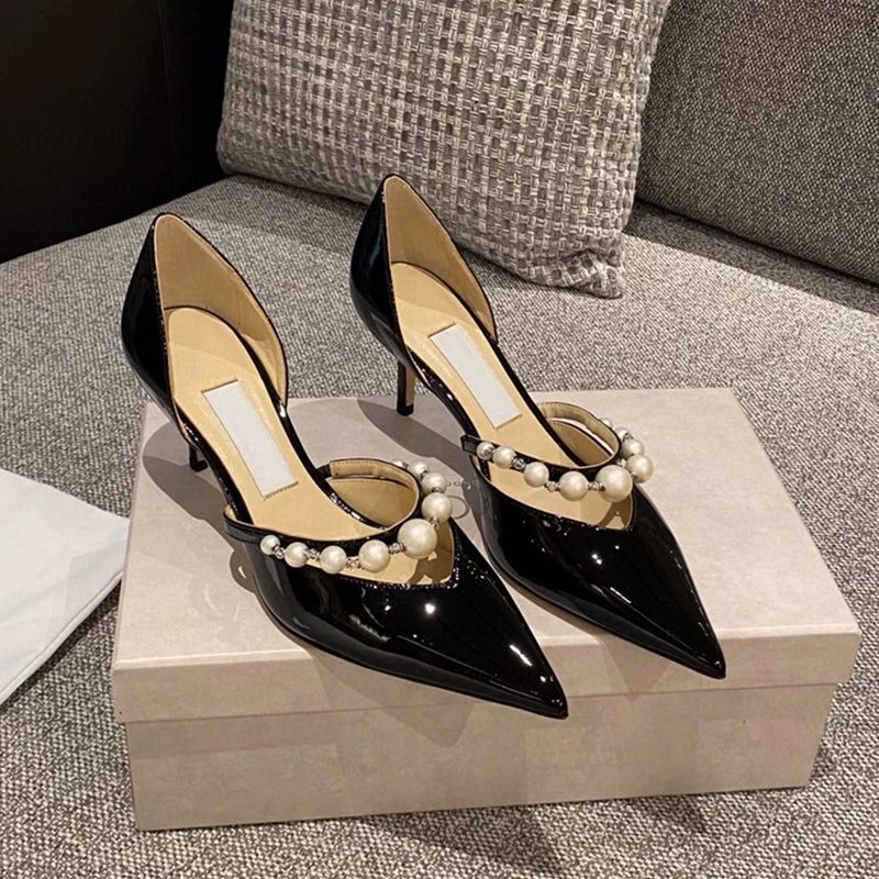2023 New Hollow High Heels Women's Stiletto Pearl Pointed Wedding Shoes Sandals