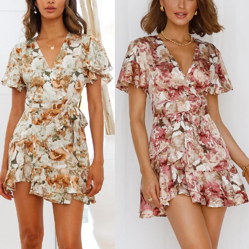 

2022Summer Women's Streetwear Polyester PrintingVCollar Ruffled Short Sleeves Skirt Dress
